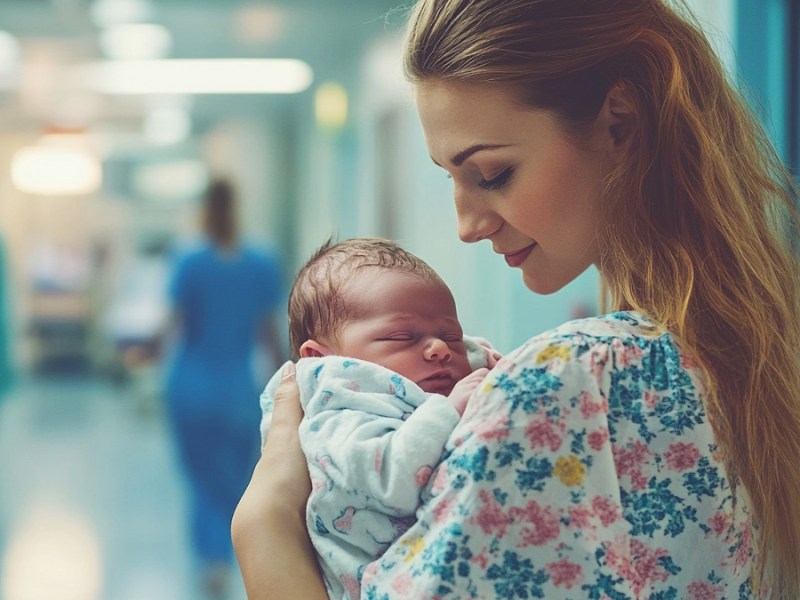 Frau hält Baby. (KI-generiert)