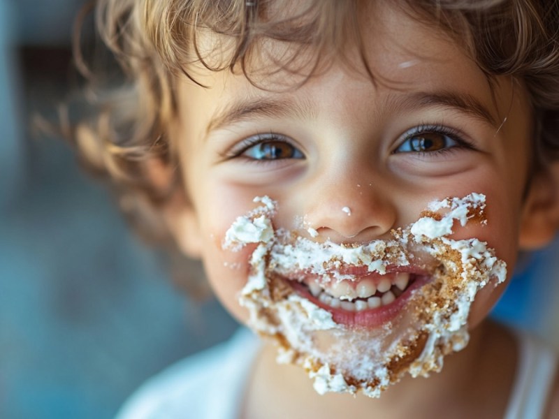 Ein Kind mit Kuchen im Gesicht. (KI-generiert)