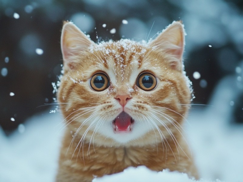 Eine überraschte Katze im Schnee. (KI-generiert)