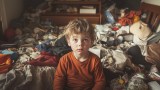 Kind in unaufgeräumtem Zimmer. (KI-generiert)