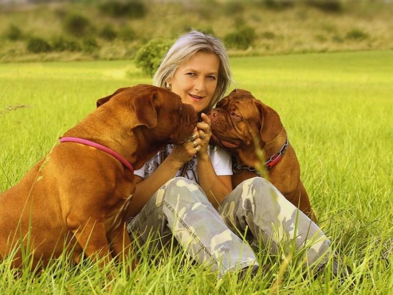 Eine Frau sitzt mit zwei Pitbulls auf einer Wiese.