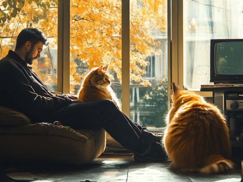 Mann mit Katzen. (KI-generiert)