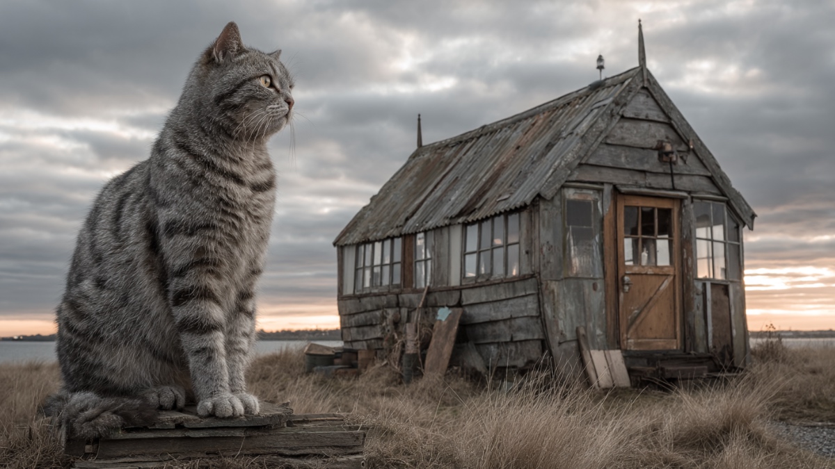 Katze vor einer Hütte. (KI-generiert)