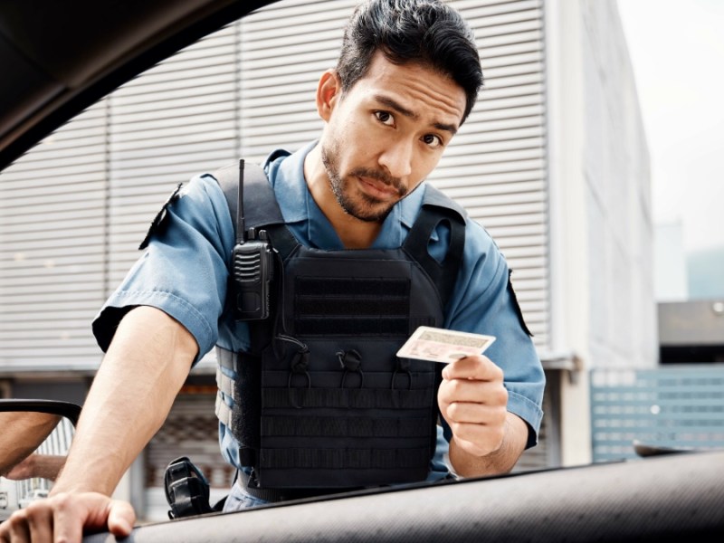 Ein Polizist kontrolliert den Ausweis eines Autofahrers.