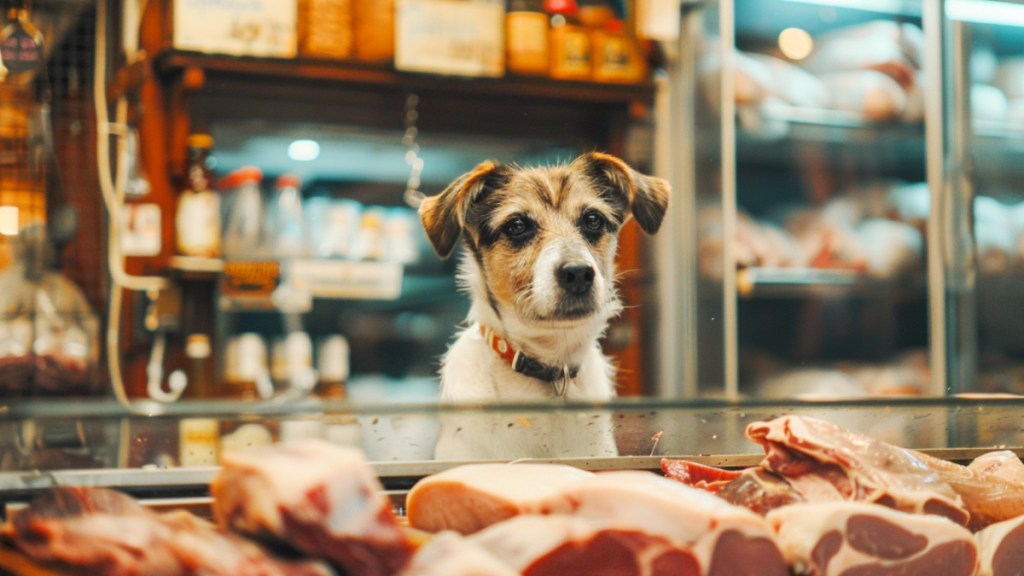 Ein Hund in einer Fleischerei.