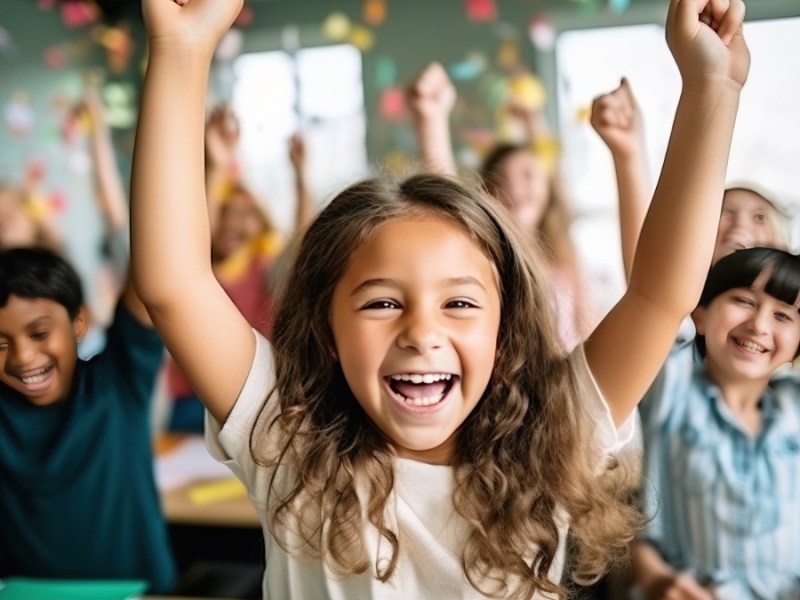 Fröhliche Schüler und Schülerinnen feiern einen Geburtstag in einem Klassenzimmer.