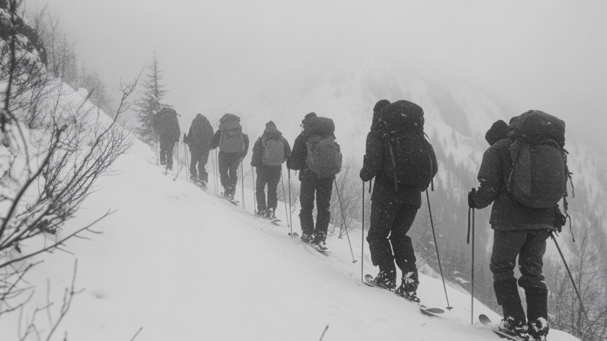 Neun junge Bergwanderer im Winter 1959 auf zu einem Skitrip im russischen Uralgebirge. (KI-generiert)