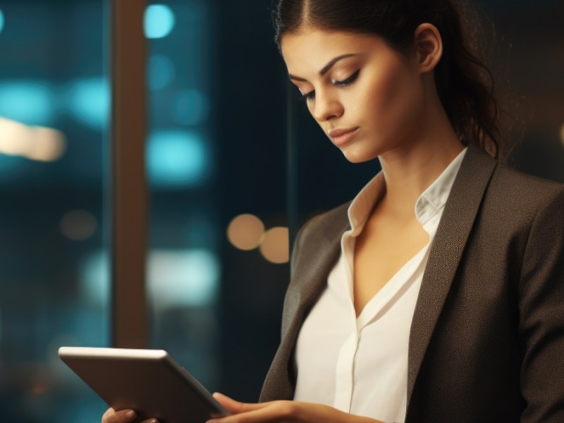 Frau im Business-Anzug sieht man auf ein Tablet schauen. Generiert mit KI.